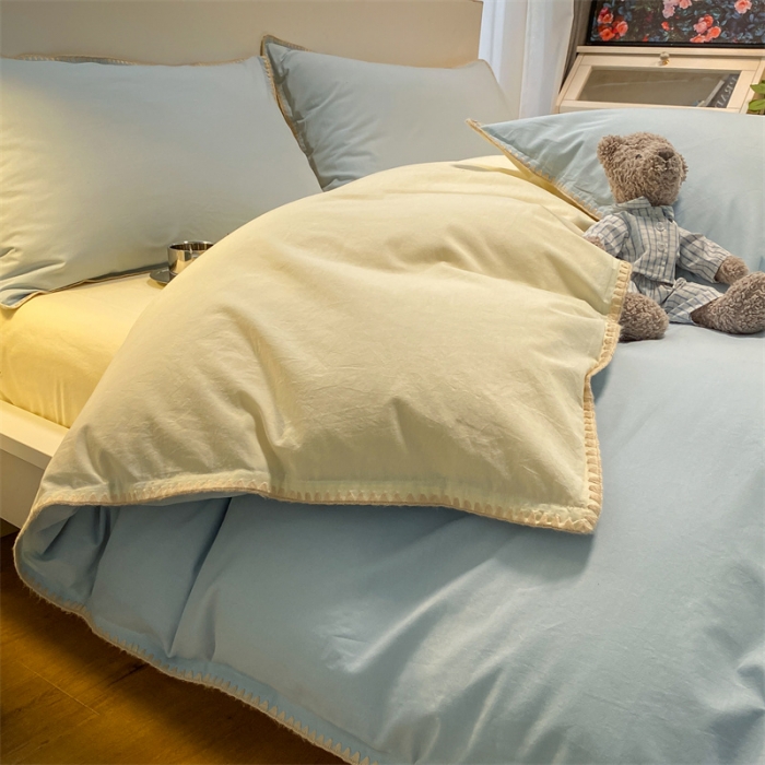 91家纺网 家纺一手货源 找家纺 眠帛家居 2022新款水洗棉贝壳绣边四件套 天空蓝-奶黄