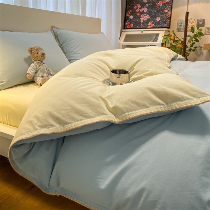 91家纺网 家纺一手货源 找家纺 眠帛家居 2022新款水洗棉贝壳绣边四件套 天空蓝-奶黄