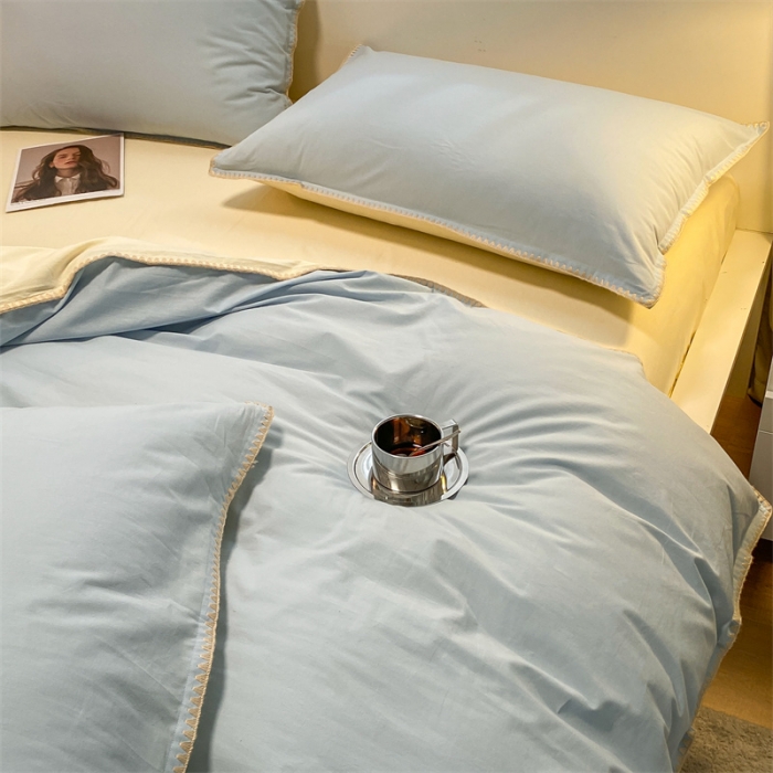 91家纺网 家纺一手货源 找家纺 眠帛家居 2022新款水洗棉贝壳绣边四件套 天空蓝-奶黄
