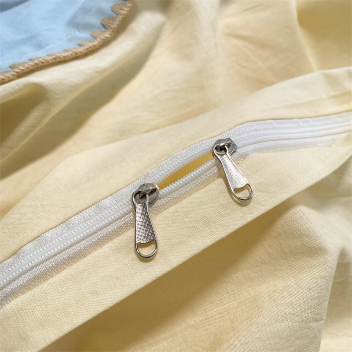 91家纺网 家纺一手货源 找家纺 眠帛家居 2022新款水洗棉贝壳绣边四件套 天空蓝-奶黄