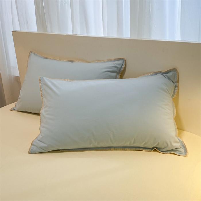 91家纺网 家纺一手货源 找家纺 眠帛家居 2022新款水洗棉贝壳绣边四件套 天空蓝-奶黄