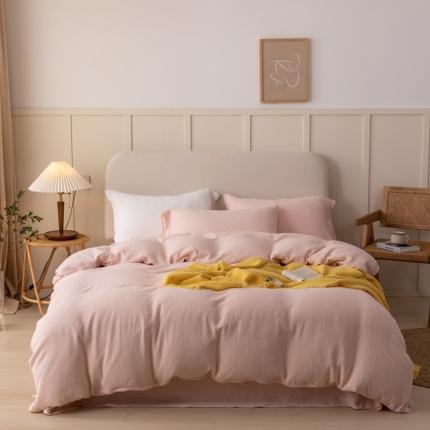 91家纺网 家纺一手货源 找家纺 淑女公社 2022四季新款双层纱皱皱纱肌理纹四件套 蜜桃粉