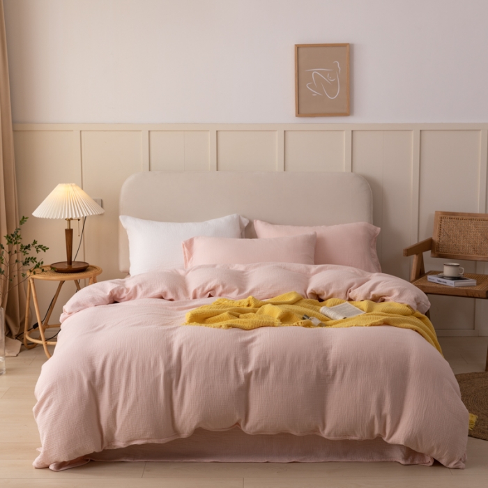 91家纺网 家纺一手货源 找家纺 淑女公社 2022四季新款双层纱皱皱纱肌理纹四件套 蜜桃粉