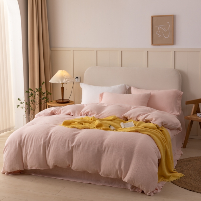 91家纺网 家纺一手货源 找家纺 淑女公社 2022四季新款双层纱皱皱纱肌理纹四件套 蜜桃粉