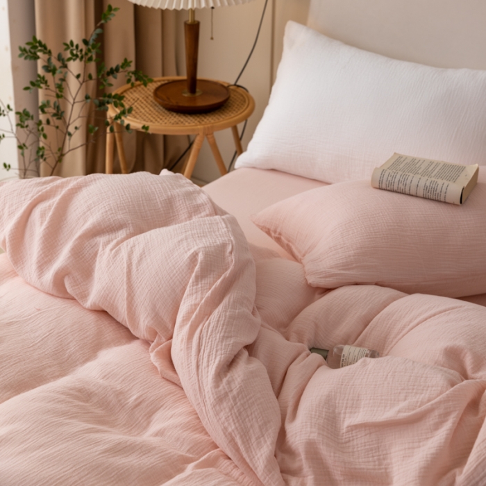 91家纺网 家纺一手货源 找家纺 淑女公社 2022四季新款双层纱皱皱纱肌理纹四件套 蜜桃粉