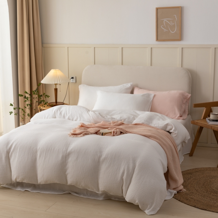 91家纺网 家纺一手货源 找家纺 淑女公社 2022四季新款双层纱皱皱纱肌理纹四件套 奶油白