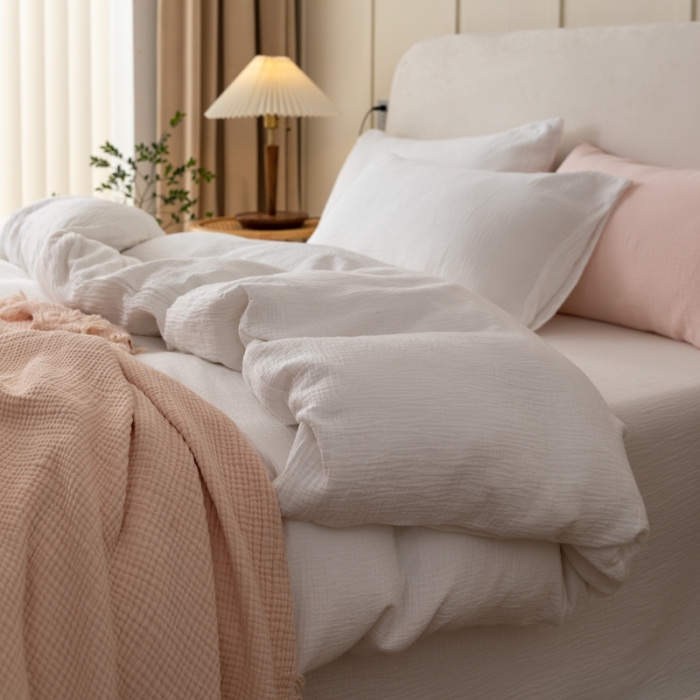 91家纺网 家纺一手货源 找家纺 淑女公社 2022四季新款双层纱皱皱纱肌理纹四件套 奶油白