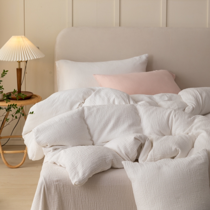 91家纺网 家纺一手货源 找家纺 淑女公社 2022四季新款双层纱皱皱纱肌理纹四件套 奶油白