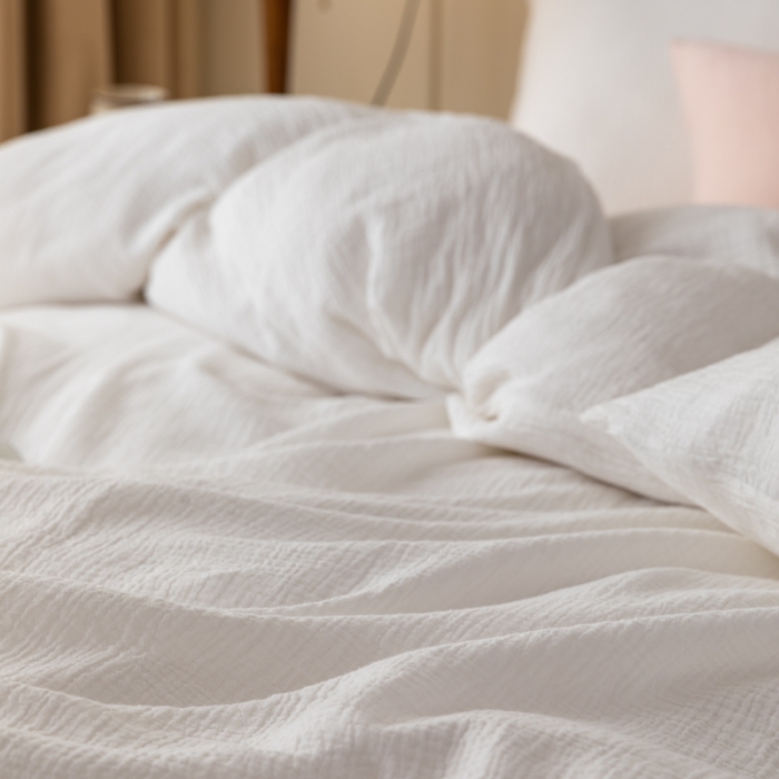 91家纺网 家纺一手货源 找家纺 淑女公社 2022四季新款双层纱皱皱纱肌理纹四件套 奶油白