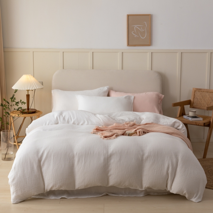 91家纺网 家纺一手货源 找家纺 淑女公社 2022四季新款双层纱皱皱纱肌理纹四件套 奶油白