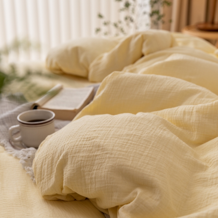 91家纺网 家纺一手货源 找家纺 淑女公社 2022四季新款双层纱皱皱纱肌理纹四件套 柠檬黄