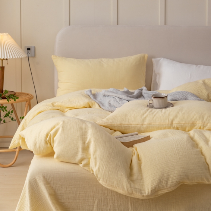 91家纺网 家纺一手货源 找家纺 淑女公社 2022四季新款双层纱皱皱纱肌理纹四件套 柠檬黄