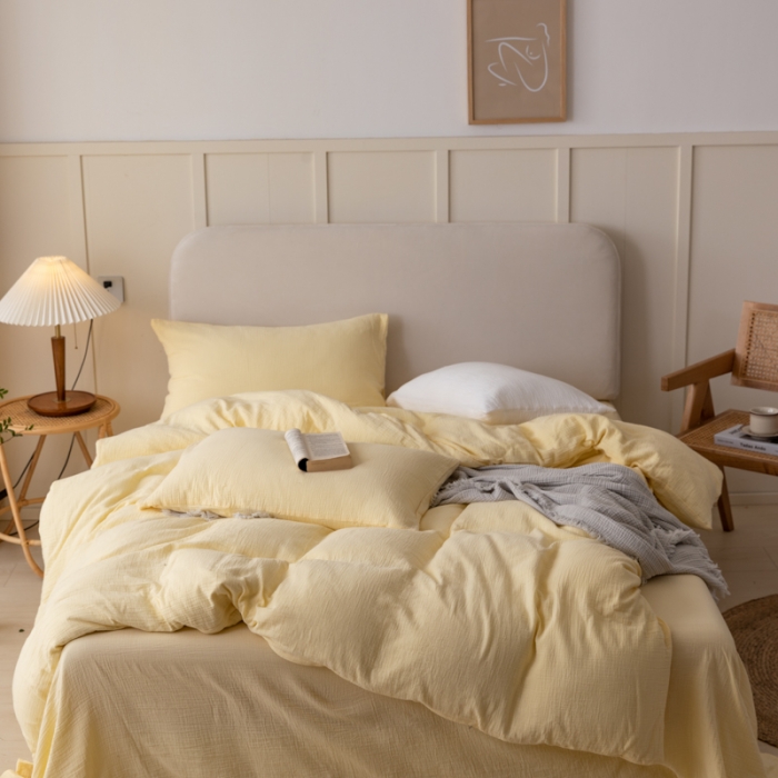 91家纺网 家纺一手货源 找家纺 淑女公社 2022四季新款双层纱皱皱纱肌理纹四件套 柠檬黄