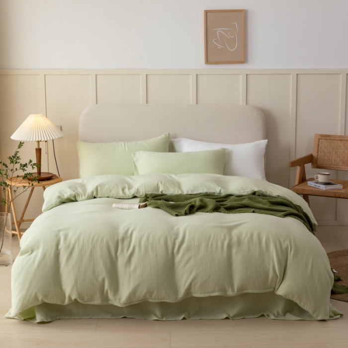 91家纺网 家纺一手货源 找家纺 淑女公社 2022四季新款双层纱皱皱纱肌理纹四件套 浅豆绿