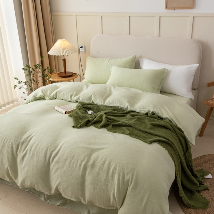 91家纺网 家纺一手货源 找家纺 淑女公社 2022四季新款双层纱皱皱纱肌理纹四件套 浅豆绿