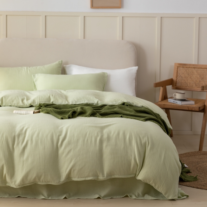 91家纺网 家纺一手货源 找家纺 淑女公社 2022四季新款双层纱皱皱纱肌理纹四件套 浅豆绿