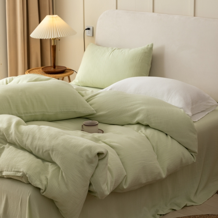 91家纺网 家纺一手货源 找家纺 淑女公社 2022四季新款双层纱皱皱纱肌理纹四件套 浅豆绿