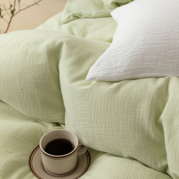 91家纺网 家纺一手货源 找家纺 淑女公社 2022四季新款双层纱皱皱纱肌理纹四件套 浅豆绿