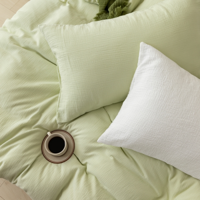 91家纺网 家纺一手货源 找家纺 淑女公社 2022四季新款双层纱皱皱纱肌理纹四件套 浅豆绿