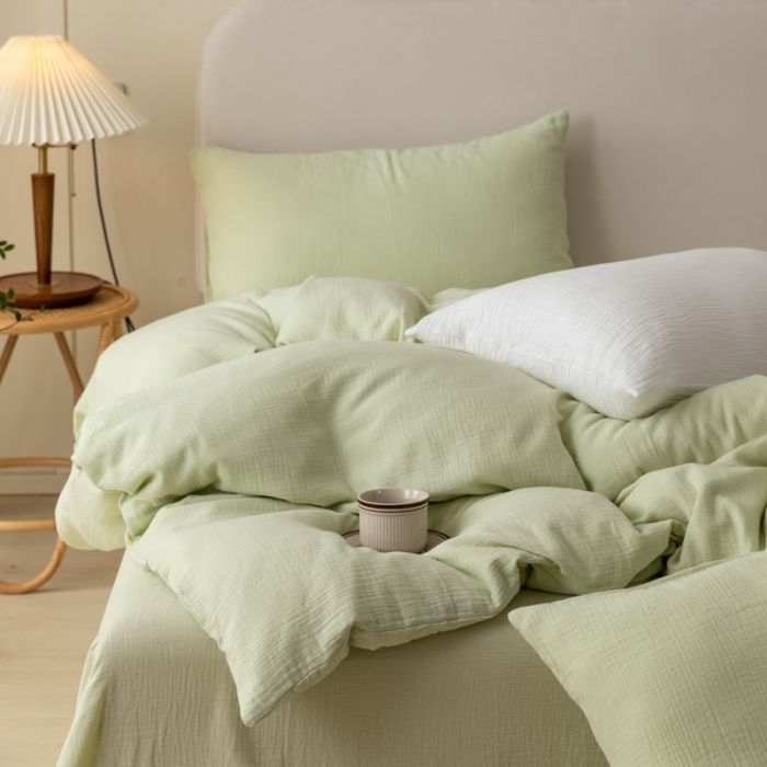 91家纺网 家纺一手货源 找家纺 淑女公社 2022四季新款双层纱皱皱纱肌理纹四件套 浅豆绿