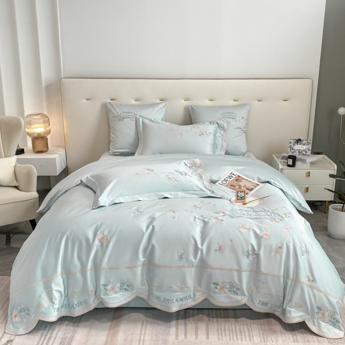 91家纺网 家纺一手货源 找家纺 品家居 2025新款180支长绒棉四件套微雨花涧 天蓝色