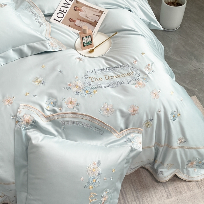 91家纺网 家纺一手货源 找家纺 品家居 2025新款180支长绒棉四件套微雨花涧 天蓝色