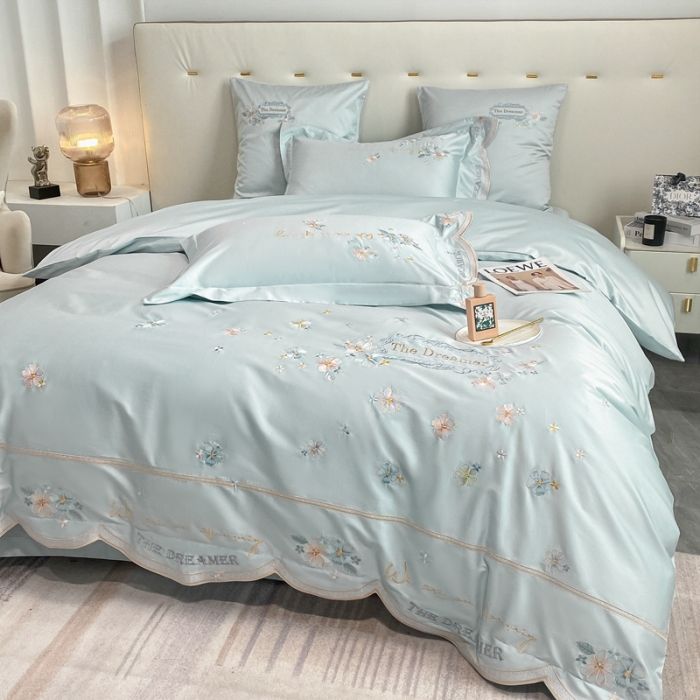 91家纺网 家纺一手货源 找家纺 品家居 2025新款180支长绒棉四件套微雨花涧 天蓝色