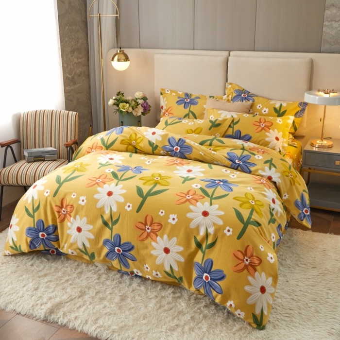 91家纺网 家纺一手货源 找家纺 金纱玉纺 2022新款全棉印花加厚磨毛四件套 春意盎然-黄