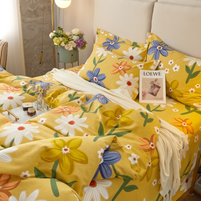 91家纺网 家纺一手货源 找家纺 金纱玉纺 2022新款全棉印花加厚磨毛四件套 春意盎然-黄