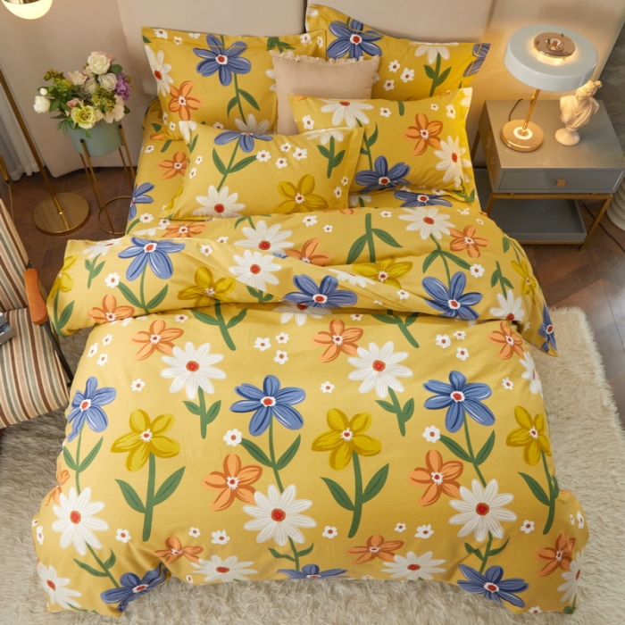 91家纺网 家纺一手货源 找家纺 金纱玉纺 2022新款全棉印花加厚磨毛四件套 春意盎然-黄