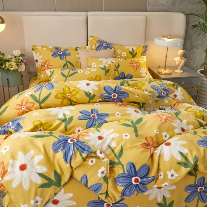 91家纺网 家纺一手货源 找家纺 金纱玉纺 2022新款全棉印花加厚磨毛四件套 春意盎然-黄