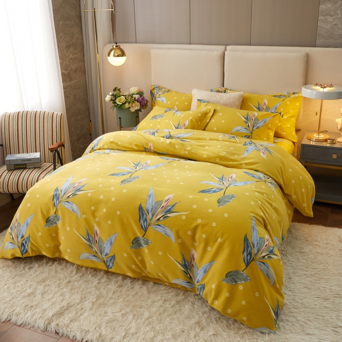 91家纺网 家纺一手货源 找家纺 金纱玉纺 2022新款全棉印花加厚磨毛四件套 芳菲四月-黄