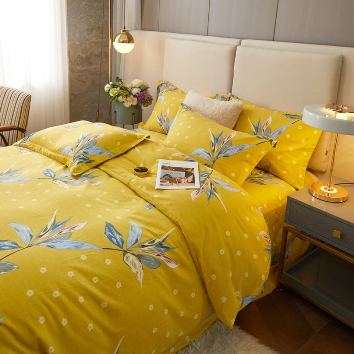 91家纺网 家纺一手货源 找家纺 金纱玉纺 2022新款全棉印花加厚磨毛四件套 芳菲四月-黄