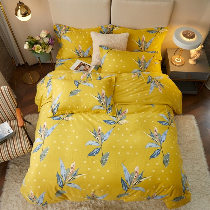 91家纺网 家纺一手货源 找家纺 金纱玉纺 2022新款全棉印花加厚磨毛四件套 芳菲四月-黄