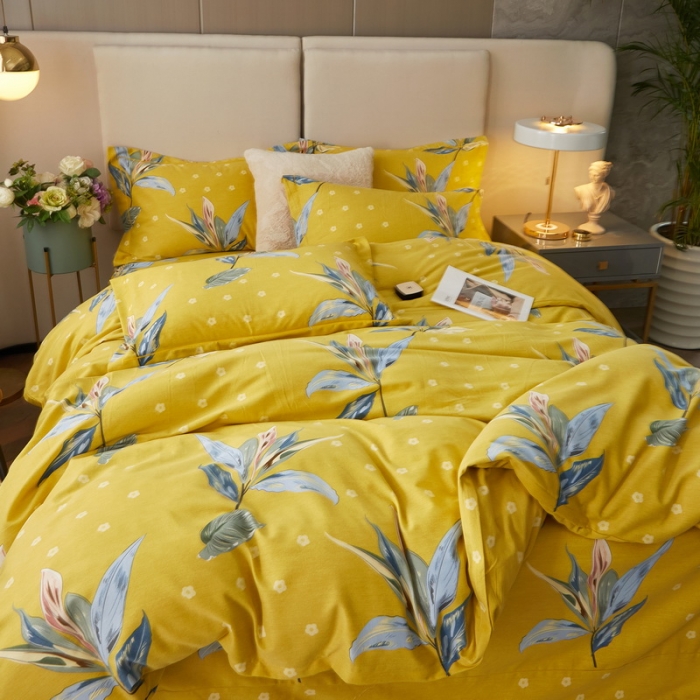 91家纺网 家纺一手货源 找家纺 金纱玉纺 2022新款全棉印花加厚磨毛四件套 芳菲四月-黄