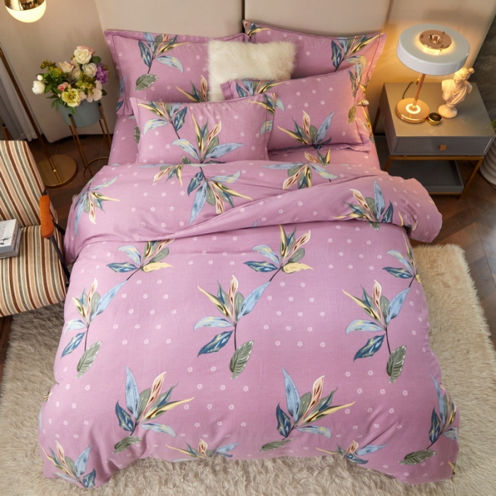 91家纺网 家纺一手货源 找家纺 金纱玉纺 2022新款全棉印花加厚磨毛四件套 芳菲四月-紫