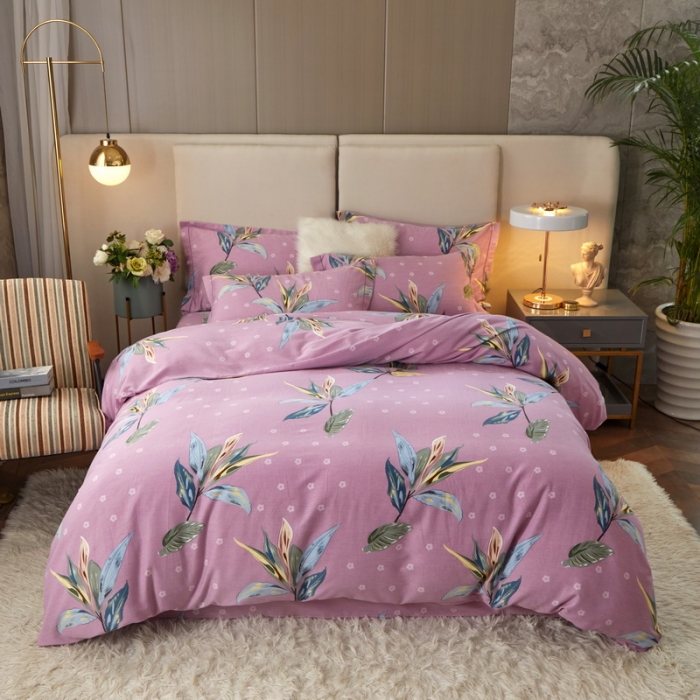 91家纺网 家纺一手货源 找家纺 金纱玉纺 2022新款全棉印花加厚磨毛四件套 芳菲四月-紫