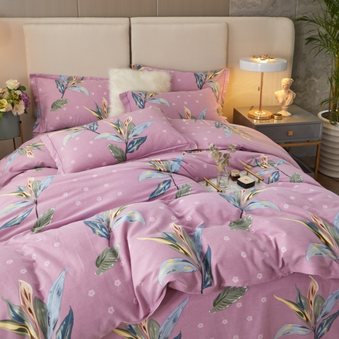 91家纺网 家纺一手货源 找家纺 金纱玉纺 2022新款全棉印花加厚磨毛四件套 芳菲四月-紫