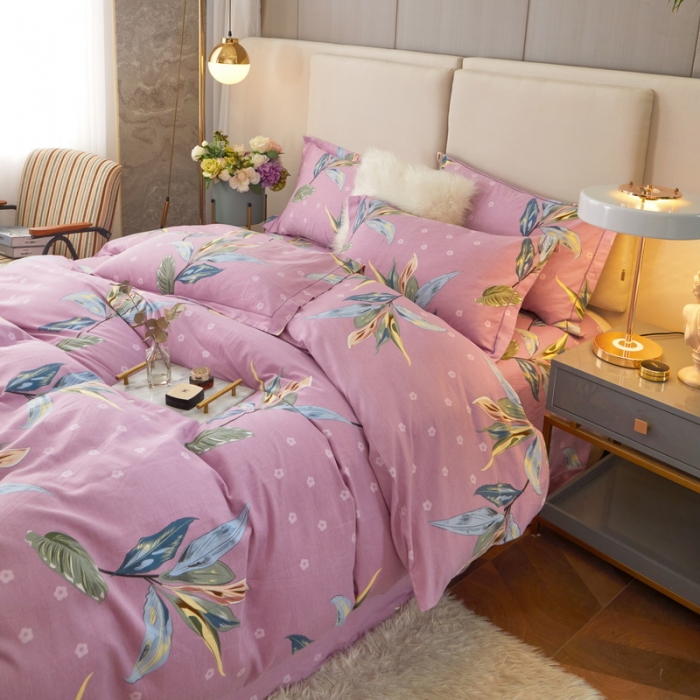 91家纺网 家纺一手货源 找家纺 金纱玉纺 2022新款全棉印花加厚磨毛四件套 芳菲四月-紫