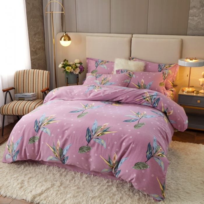 91家纺网 家纺一手货源 找家纺 金纱玉纺 2022新款全棉印花加厚磨毛四件套 芳菲四月-紫