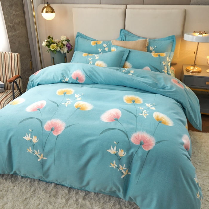 91家纺网 家纺一手货源 找家纺 金纱玉纺 2022新款全棉印花加厚磨毛四件套 花漾怡情-蓝