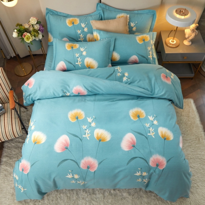 91家纺网 家纺一手货源 找家纺 金纱玉纺 2022新款全棉印花加厚磨毛四件套 花漾怡情-蓝