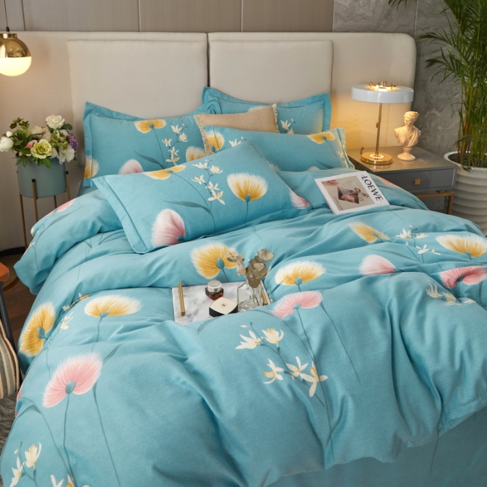 91家纺网 家纺一手货源 找家纺 金纱玉纺 2022新款全棉印花加厚磨毛四件套 花漾怡情-蓝