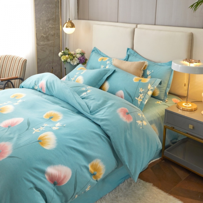 91家纺网 家纺一手货源 找家纺 金纱玉纺 2022新款全棉印花加厚磨毛四件套 花漾怡情-蓝