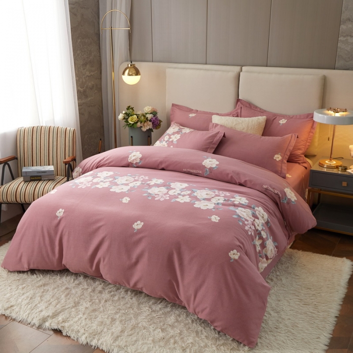 91家纺网 家纺一手货源 找家纺 金纱玉纺 2022新款全棉印花加厚磨毛四件套 漫瑶-豆沙