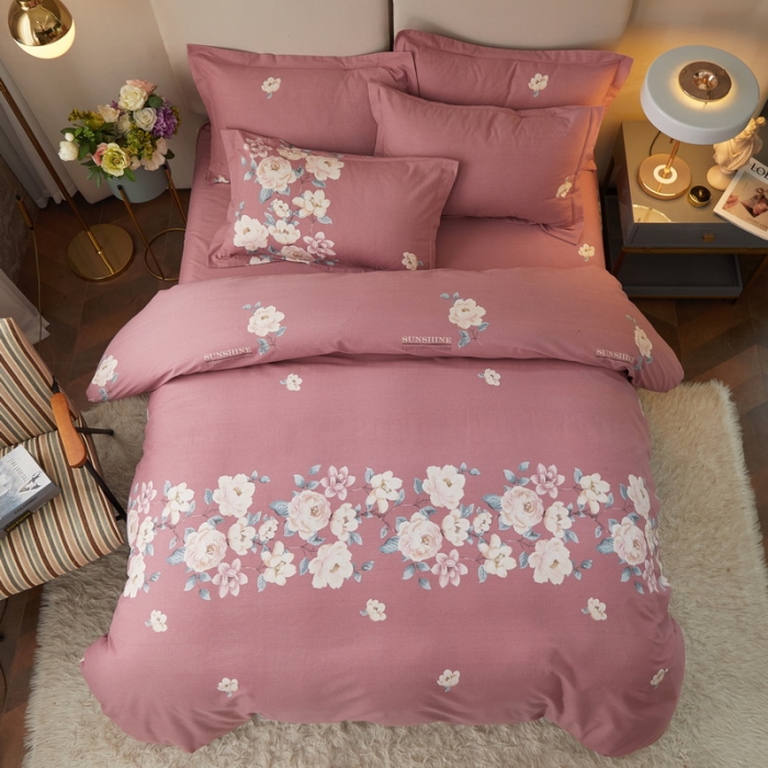 91家纺网 家纺一手货源 找家纺 金纱玉纺 2022新款全棉印花加厚磨毛四件套 漫瑶-豆沙