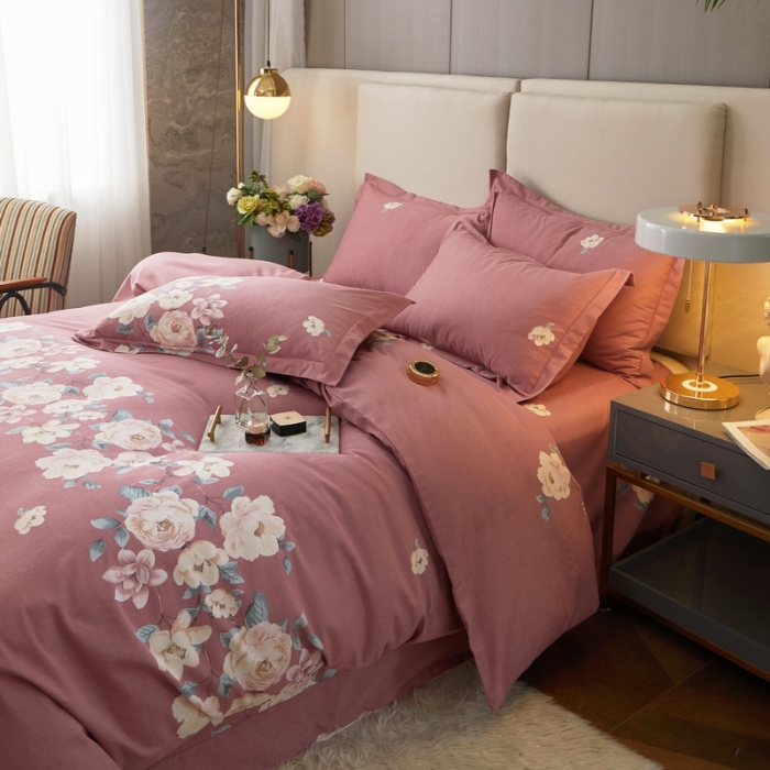 91家纺网 家纺一手货源 找家纺 金纱玉纺 2022新款全棉印花加厚磨毛四件套 漫瑶-豆沙