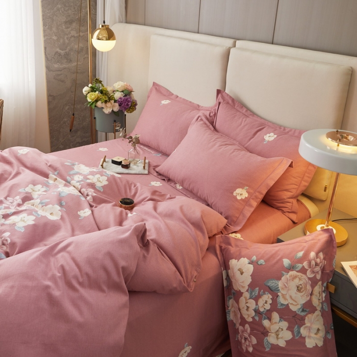 91家纺网 家纺一手货源 找家纺 金纱玉纺 2022新款全棉印花加厚磨毛四件套 漫瑶-豆沙