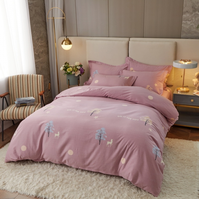 91家纺网 家纺一手货源 找家纺 金纱玉纺 2022新款全棉印花加厚磨毛四件套 麋鹿森林-豆沙