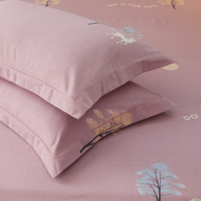 91家纺网 家纺一手货源 找家纺 金纱玉纺 2022新款全棉印花加厚磨毛四件套 麋鹿森林-豆沙